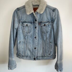 Levi's Blue Denim Trucker Jacket with White Sherpa Lining